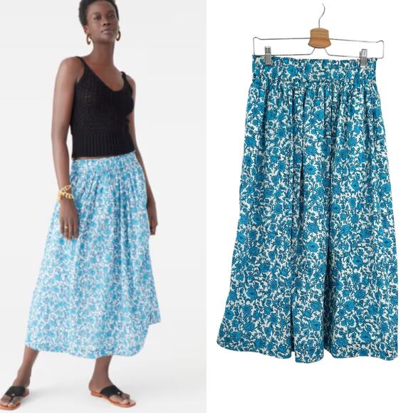 J. Crew Smocked-Waist Cotton Voile Midi Skirt Blue Blooms Block Print Size XS - Picture 1 of 10